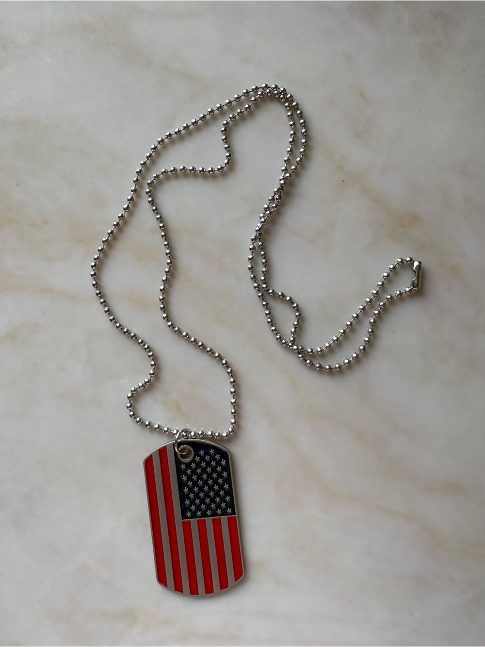 Patriotic American Flag Tag Necklace - Silver Chain, Red & Blue Pendant